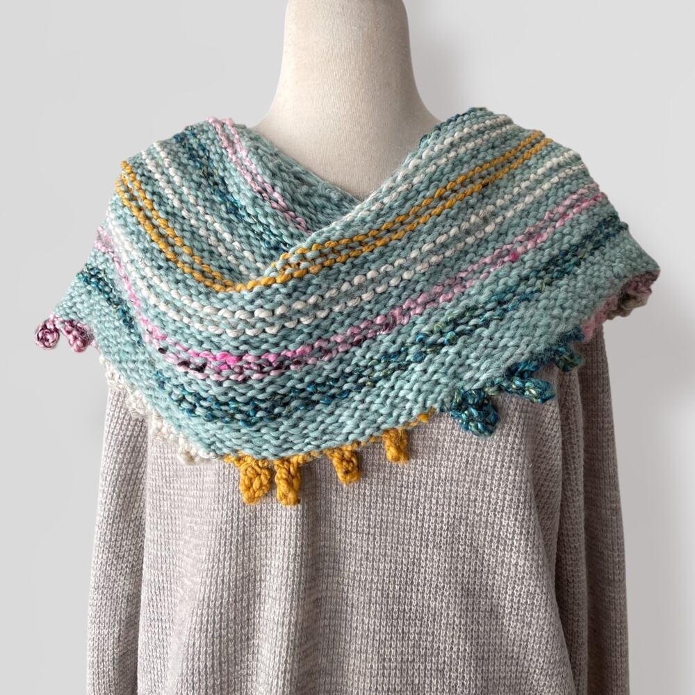 Vintage Wrap Shawl Scarf Mint Green Crescent Chunky Knit Boho Cottage Indie